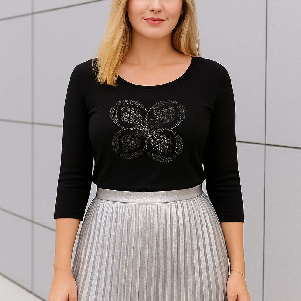 WHITE HOUSE BLACK MARKET | Black embroidered and studded 3/4” Sleeve Blouse